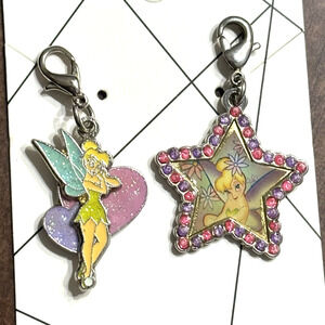 2 Disney Tinkerbell Bracelet Charms Pink Enamel Heart Rhinestone Star Jewelry